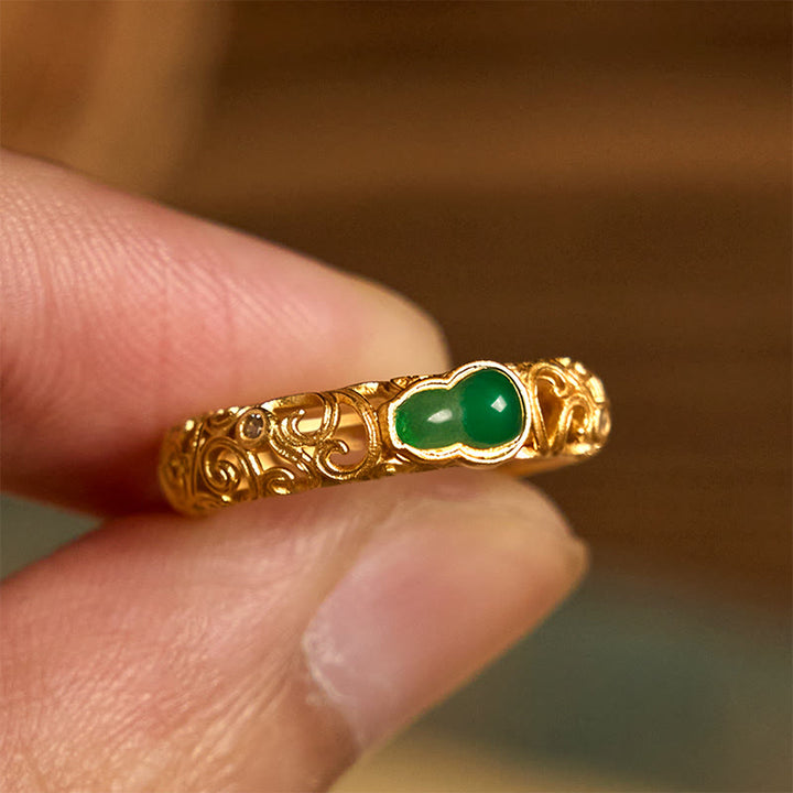 Anillo de riqueza de aleación de cobre y calcedonia verde con calabaza vintage y Buddha Stones - image 9