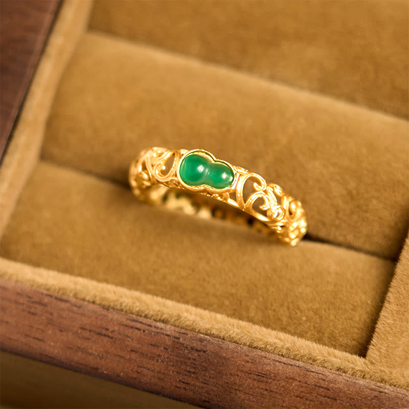 Anillo de riqueza de aleación de cobre y calcedonia verde con calabaza vintage y Buddha Stones - image 2