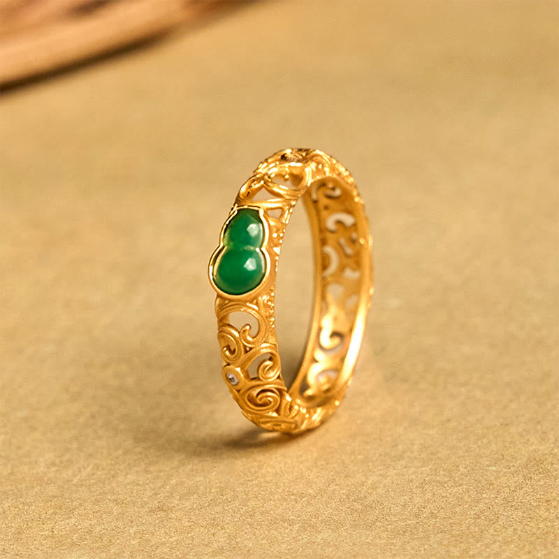 Anillo de riqueza de aleación de cobre y calcedonia verde con calabaza vintage y Buddha Stones - image 4