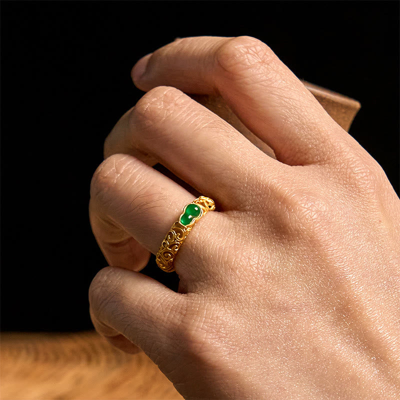 Anillo de riqueza de aleación de cobre y calcedonia verde con calabaza vintage y Buddha Stones - image 17
