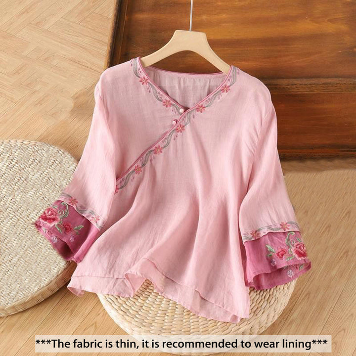 Camisa de algodón para mujer con manga tres cuartos y diseño de botones bordados retro de primavera con Buddha Stones - image 2