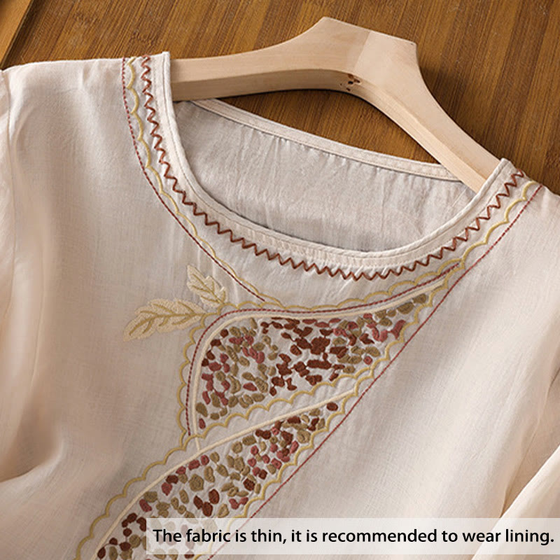 Jersey de lino y algodón con cuello redondo y bordado étnico de Buddha Stones - image 2