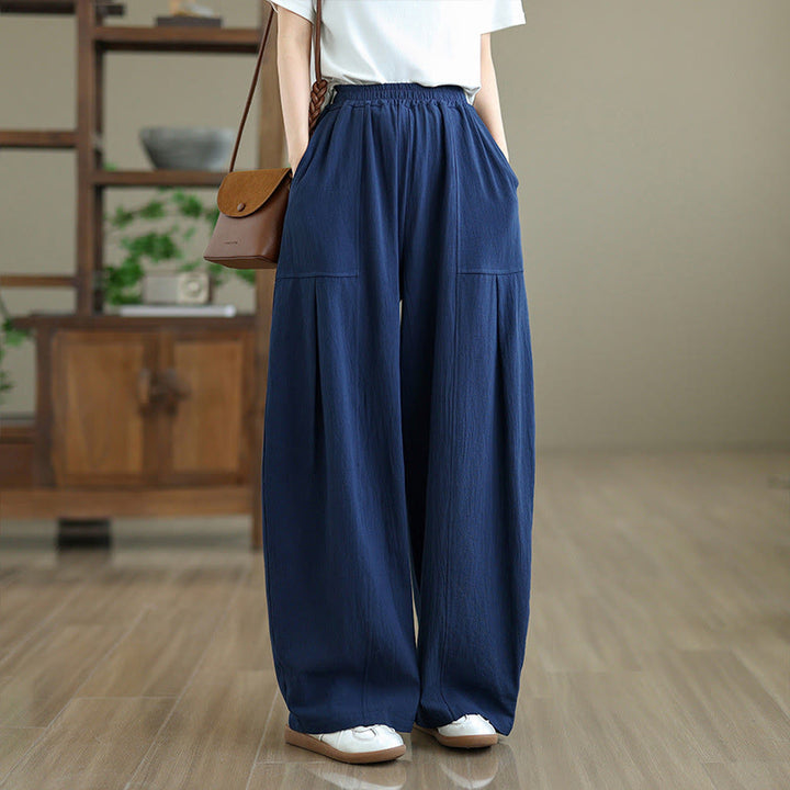 Pantalones de lino y algodón para mujer, hasta el tobillo, con diseño plisado y bolsillos, con estampado Buddha Stones - Azul medianoche - US12, UK/AU16, EU44 (2XL) - image 14