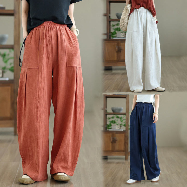 Pantalones de lino y algodón para mujer, hasta el tobillo, con diseño plisado y bolsillos, con estampado Buddha Stones - image 19