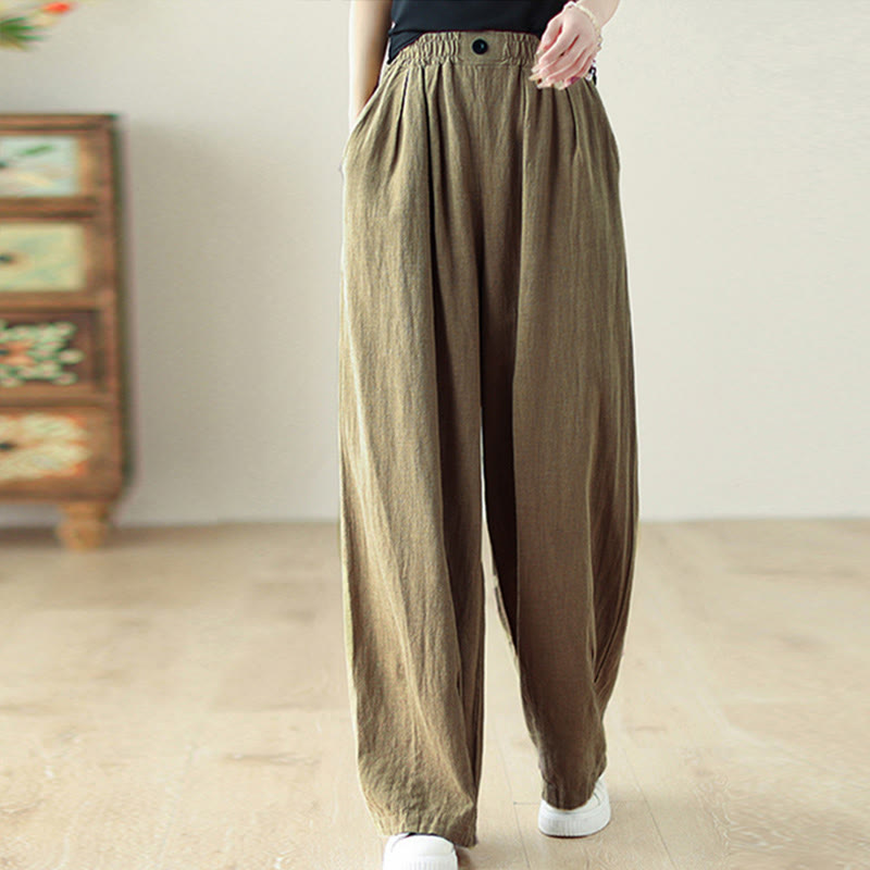 Pantalones de algodón y lino con cintura elástica y bolsillos para mujer con diseño de botones Buddha Stones Commute - Caqui oscuro - US12, UK/AU16, EU44 (3XL) - image 1