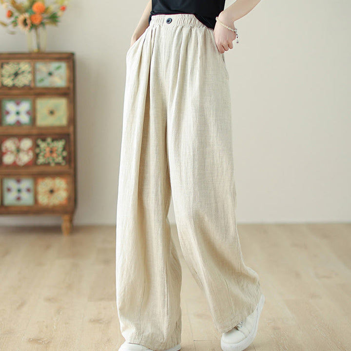 Pantalones de algodón y lino con cintura elástica y bolsillos para mujer con diseño de botones Buddha Stones Commute - image 14