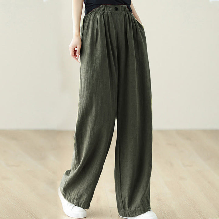 Pantalones de algodón y lino con cintura elástica y bolsillos para mujer con diseño de botones Buddha Stones Commute - image 19