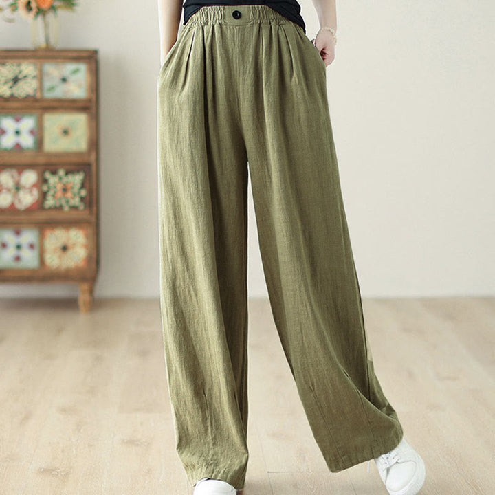 Pantalones de algodón y lino con cintura elástica y bolsillos para mujer con diseño de botones Buddha Stones Commute - image 6