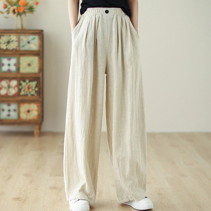 Pantalones de algodón y lino con cintura elástica y bolsillos para mujer con diseño de botones Buddha Stones Commute - Beige - US12, UK/AU16, EU44 (3XL) - image 12