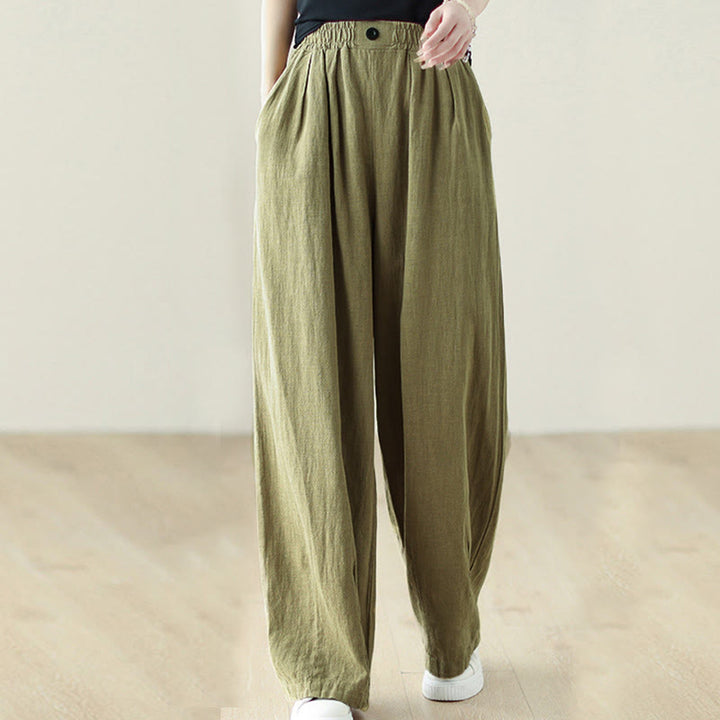 Pantalones de algodón y lino con cintura elástica y bolsillos para mujer con diseño de botones Buddha Stones Commute - image 5