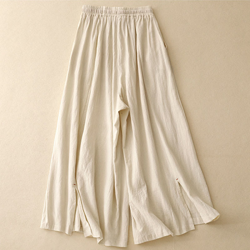 Pantalones de mujer de algodón y lino con diseño casual de Buddha Stones, aberturas laterales, pernera ancha, largo 7-8, con bolsillos. - image 4