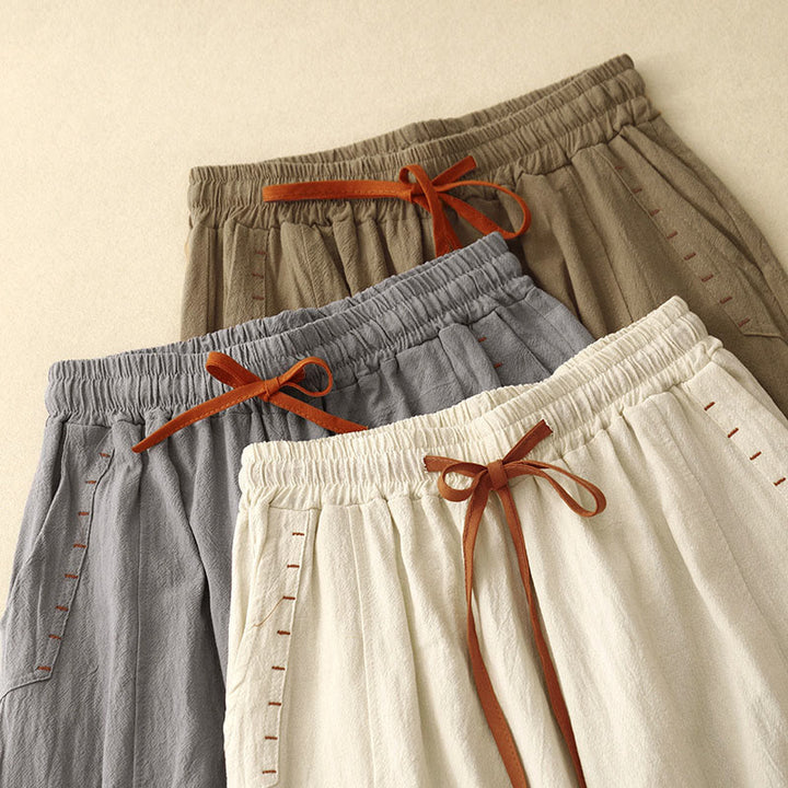 Pantalones de mujer de algodón y lino con diseño casual de Buddha Stones, aberturas laterales, pernera ancha, largo 7-8, con bolsillos. - image 15