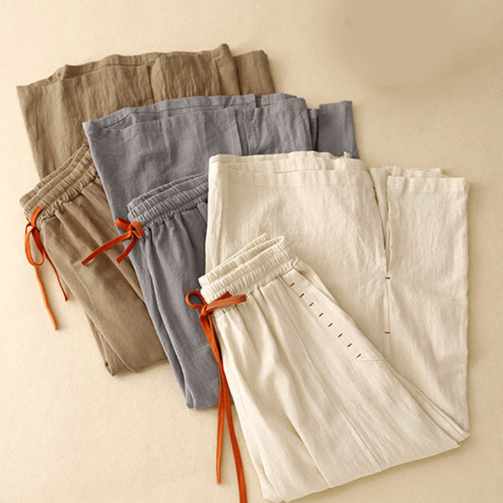 Pantalones de mujer de algodón y lino con diseño casual de Buddha Stones, aberturas laterales, pernera ancha, largo 7-8, con bolsillos. - image 16