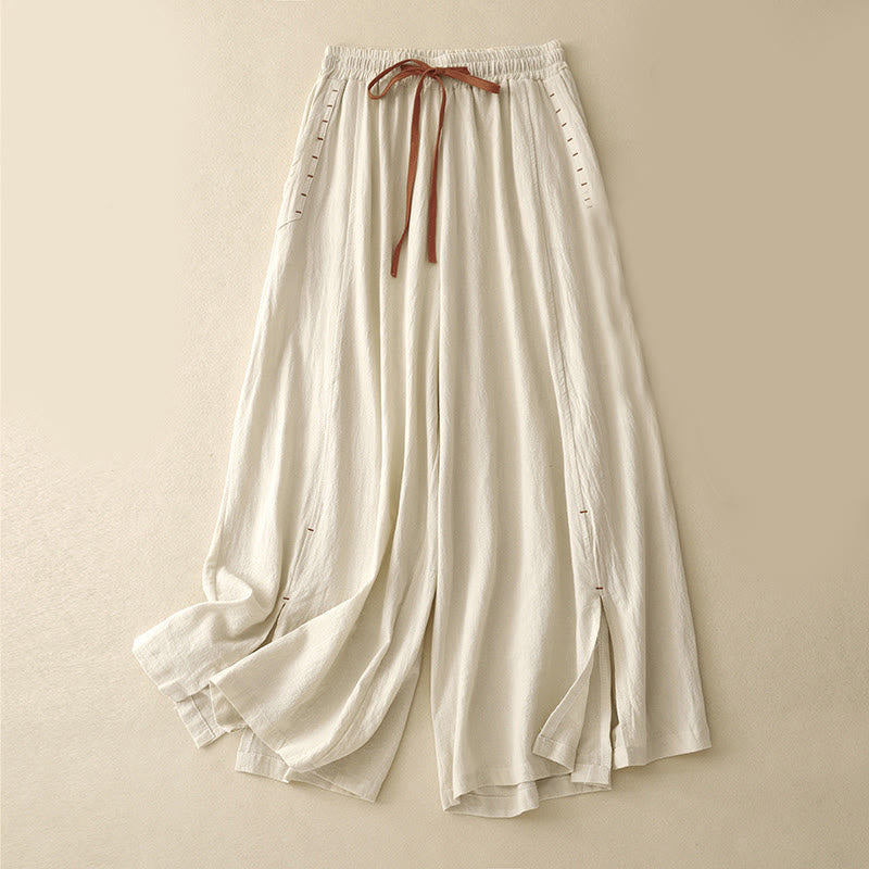 Pantalones casuales de algodón con aberturas laterales y pernera ancha para mujer, largos 7-8, con bolsillos , de Buddha Stones - Barba de maíz - US8-10，UK/AU12-14，EU40-42 (2XL) - image 4