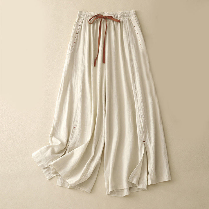 Pantalones casuales de algodón con aberturas laterales y pernera ancha para mujer, largos 7-8, con bolsillos , de Buddha Stones - Barba de maíz - US8-10，UK/AU12-14，EU40-42 (2XL) - image 4