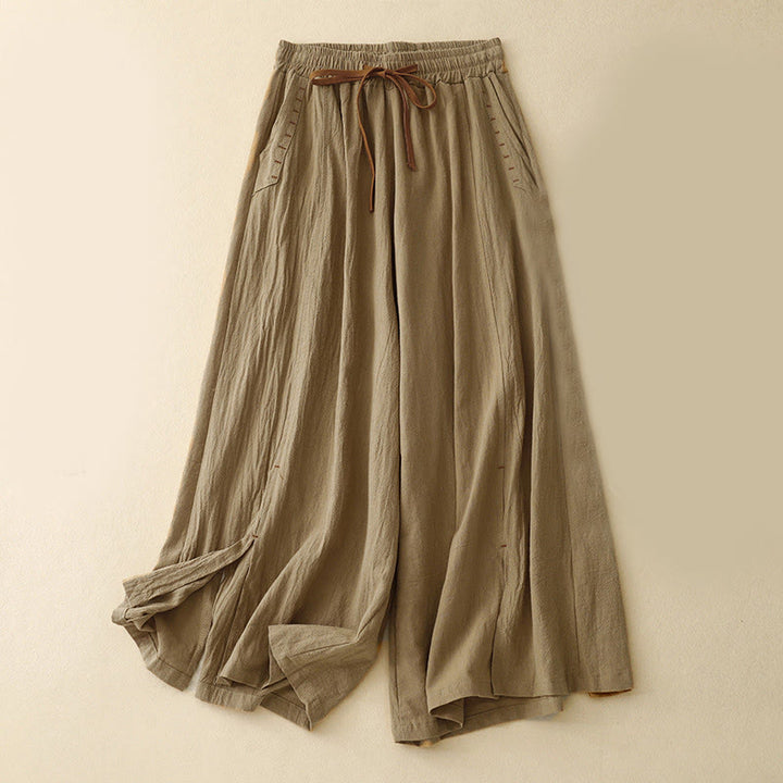 Pantalones casuales de algodón con aberturas laterales y pernera ancha para mujer, largos 7-8, con bolsillos , de Buddha Stones - Vara de oro oscura - US8-10，UK/AU12-14，EU40-42 (2XL) - image 0