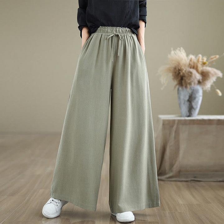 Pantalones de lino y algodón con pernera ancha y bolsillos para mujer, diseño sencillo con cordones y estampado Buddha Stones Commute - Verde mar oscuro - US6，UK/AU10，EU38 (XL) - image 1