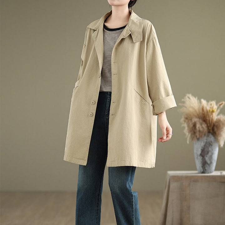 Chaqueta de lino y algodón de manga larga para mujer con diseño de botones lisos y bolsillos de Buddha Stones Spring - image 11
