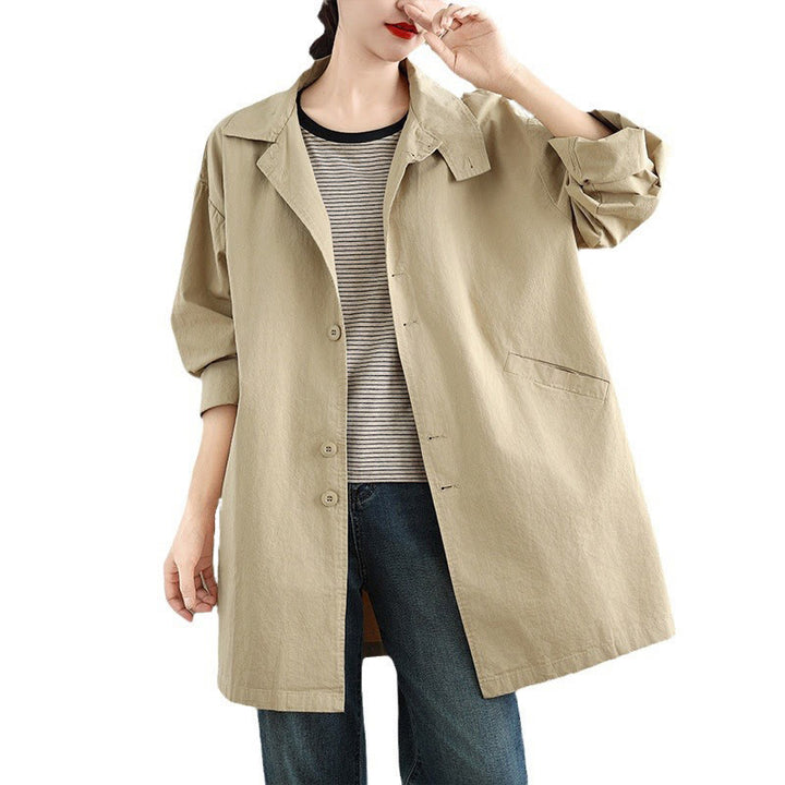 Chaqueta de lino y algodón de manga larga para mujer con diseño de botones lisos y bolsillos de Buddha Stones Spring - image 12