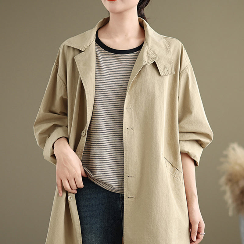 Chaqueta de lino y algodón de manga larga para mujer con diseño de botones lisos y bolsillos de Buddha Stones Spring - image 2