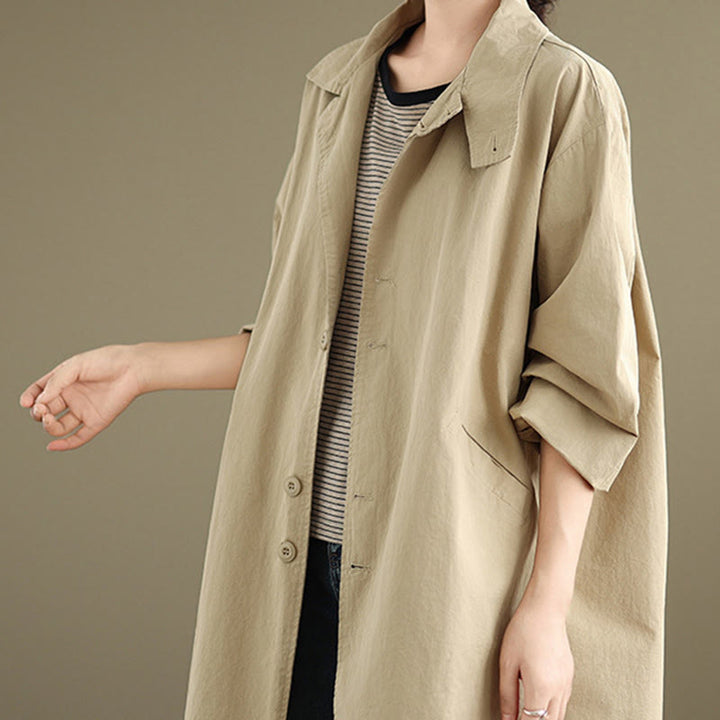 Chaqueta de lino y algodón de manga larga para mujer con diseño de botones lisos y bolsillos de Buddha Stones Spring - image 5