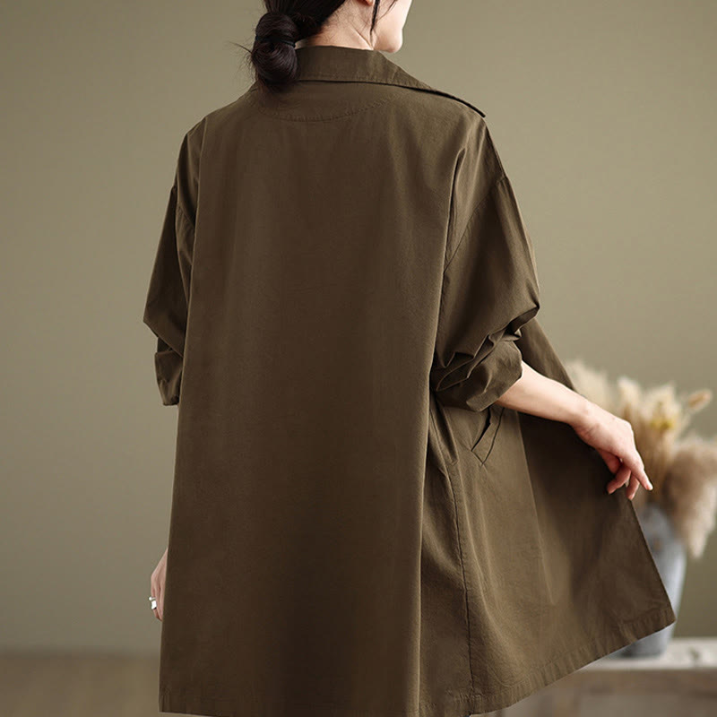 Chaqueta de lino y algodón de manga larga para mujer con diseño de botones lisos y bolsillos de Buddha Stones Spring - image 19