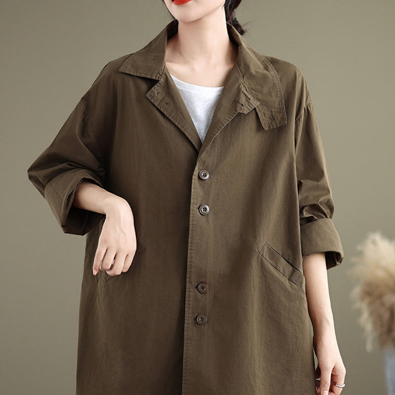 Chaqueta de lino y algodón de manga larga para mujer con diseño de botones lisos y bolsillos de Buddha Stones Spring - image 21