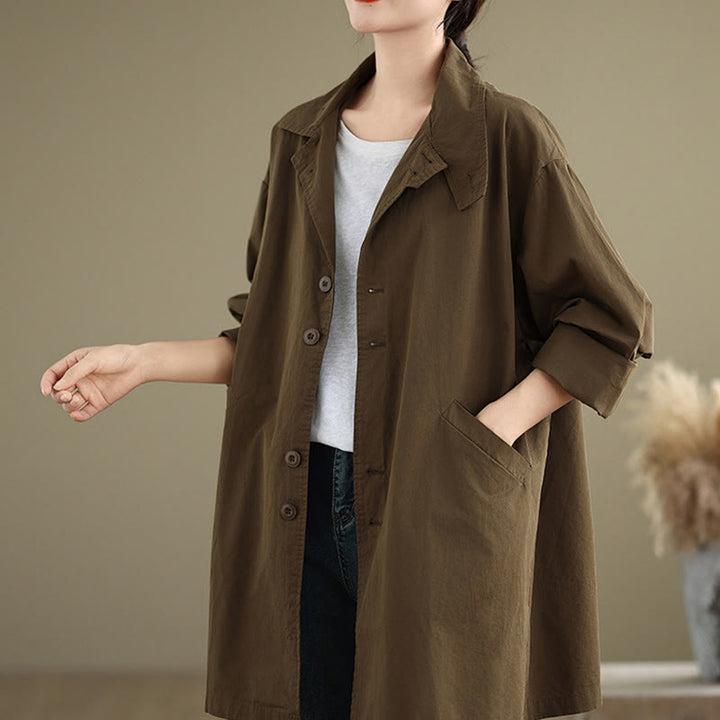 Chaqueta de lino y algodón de manga larga para mujer con diseño de botones lisos y bolsillos de Buddha Stones Spring - image 18