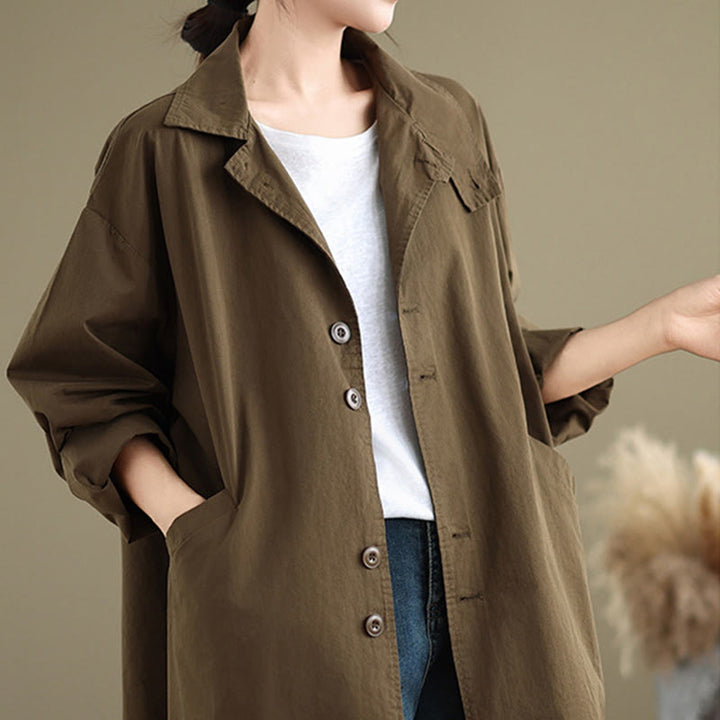 Chaqueta de lino y algodón de manga larga para mujer con diseño de botones lisos y bolsillos de Buddha Stones Spring - image 20