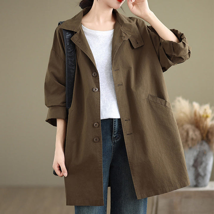 Chaqueta de lino y algodón de manga larga para mujer con diseño de botones lisos y bolsillos de Buddha Stones Spring - image 22