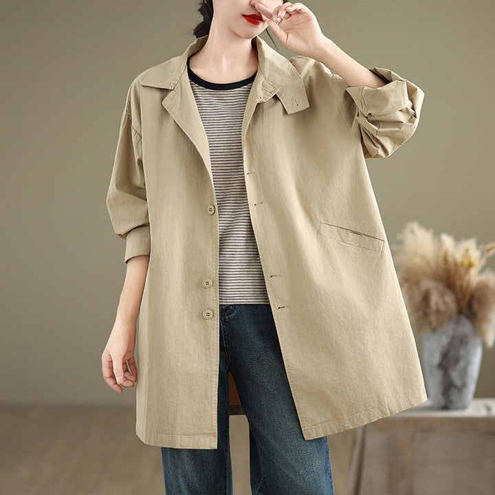 Chaqueta de lino y algodón de manga larga para mujer con diseño de botones lisos y bolsillos de Buddha Stones Spring - Beige - US12，UK/AU16，EU44 (XL) - image 1