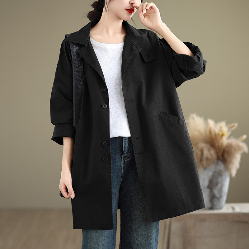 Chaqueta de lino y algodón de manga larga para mujer con diseño de botones lisos y bolsillos de Buddha Stones Spring - Negro - US12，UK/AU16，EU44 (XL) - image 13