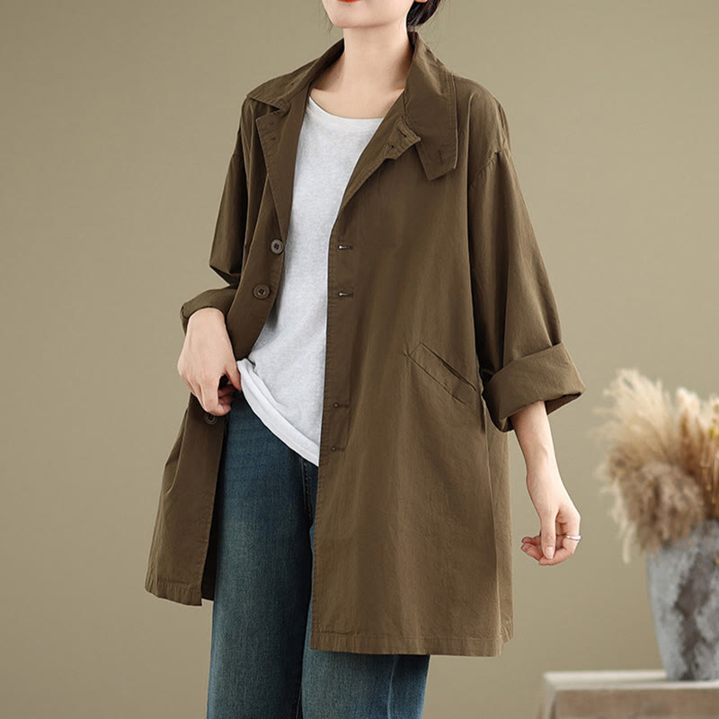 Chaqueta de lino y algodón de manga larga para mujer con diseño de botones lisos y bolsillos de Buddha Stones Spring - SaddleBrown - US12，UK/AU16，EU44 (XL) - image 17