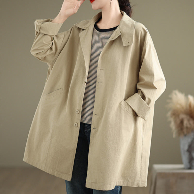 Chaqueta de lino y algodón de manga larga para mujer con diseño de botones lisos y bolsillos de Buddha Stones Spring - image 3