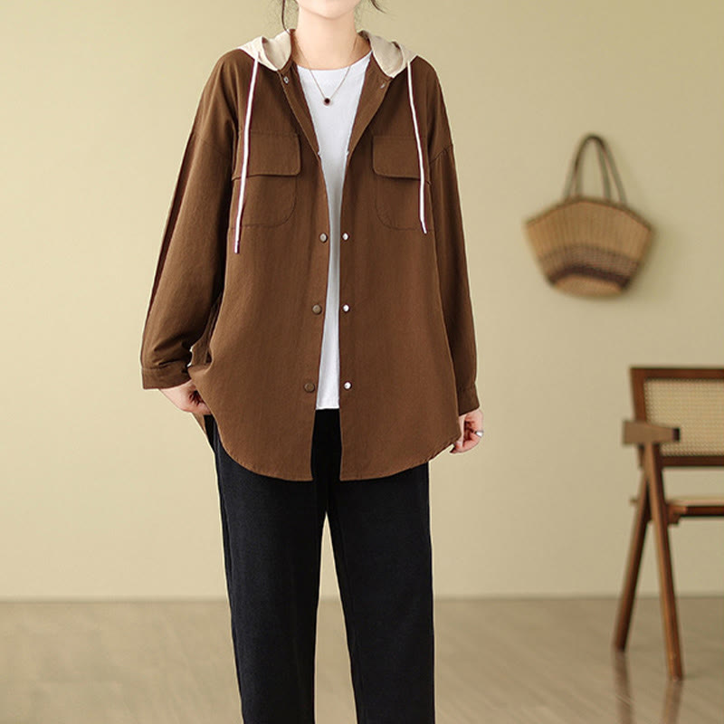 Chaqueta de lino y algodón con bolsillos para mujer con capucha y cordón ajustable Buddha Stones Casual Commute - image 6