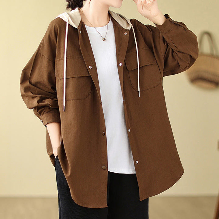 Chaqueta de lino y algodón con bolsillos para mujer con capucha y cordón ajustable Buddha Stones Casual Commute - image 5