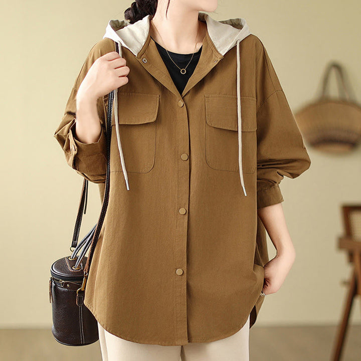 Chaqueta de lino y algodón con bolsillos para mujer con capucha y cordón ajustable Buddha Stones Casual Commute - image 9