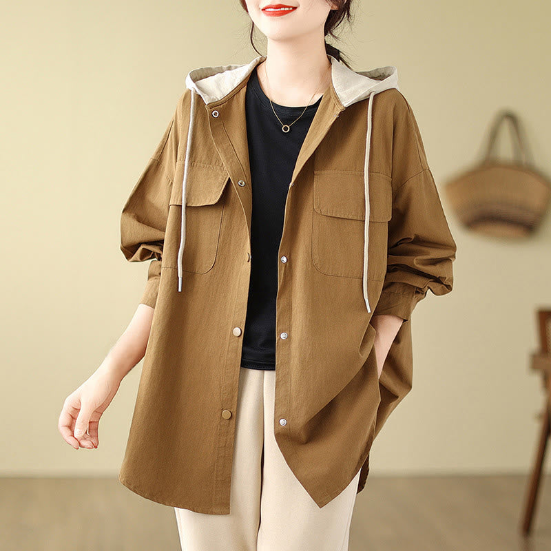 Chaqueta de lino y algodón con bolsillos para mujer con capucha y cordón ajustable Buddha Stones Casual Commute - Vara de oro - US14，UK/AU18，EU46 (2XL) - image 6