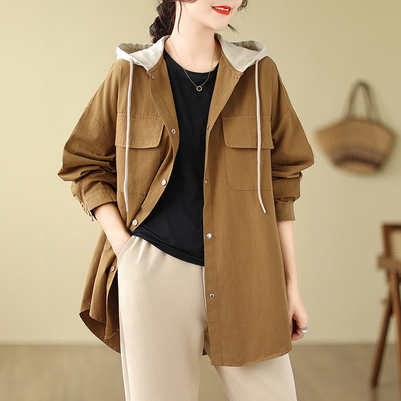 Chaqueta de lino y algodón con bolsillos para mujer con capucha y cordón ajustable Buddha Stones Casual Commute - image 8