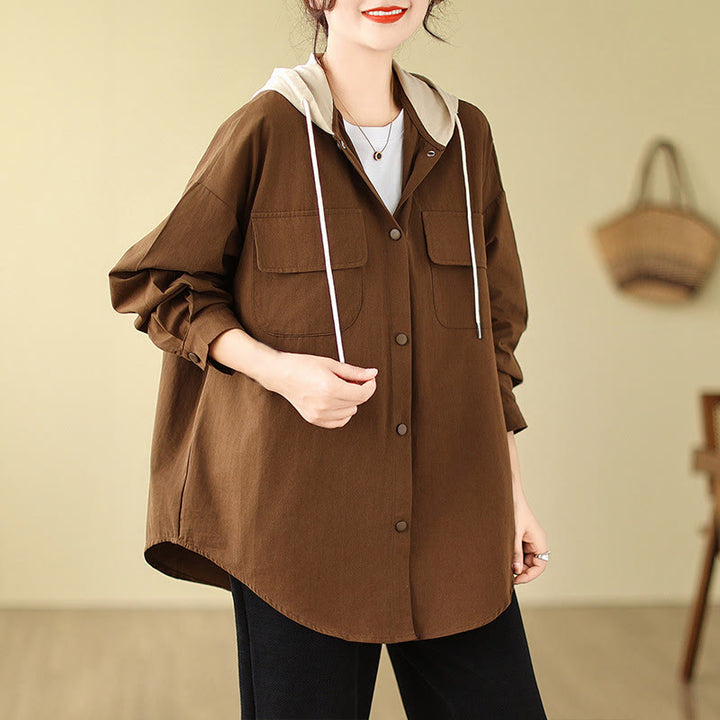 Chaqueta de lino y algodón con bolsillos para mujer con capucha y cordón ajustable Buddha Stones Casual Commute - image 1