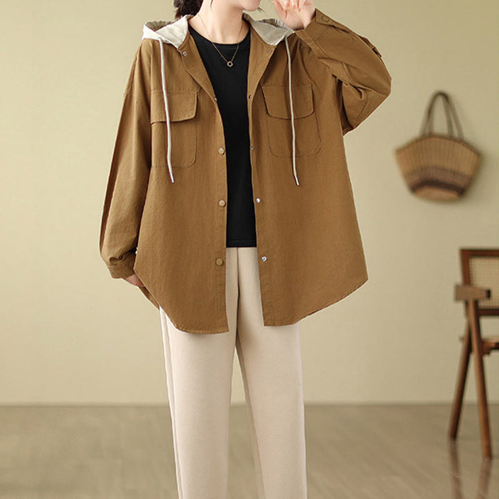 Chaqueta de lino y algodón con bolsillos para mujer con capucha y cordón ajustable Buddha Stones Casual Commute - image 12