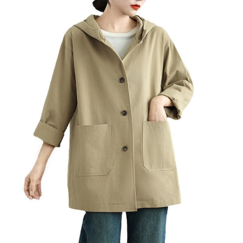 Chaqueta de lino y algodón con capucha vintage de otoño con estampado de Buddha Stones y bolsillos delanteros para mujer - image 16