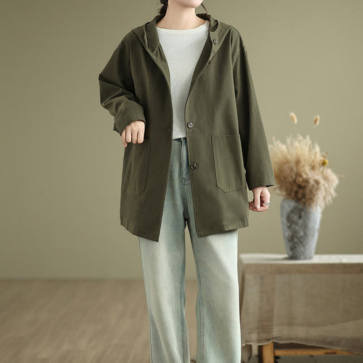 Chaqueta de lino y algodón con capucha vintage de otoño con estampado de Buddha Stones y bolsillos delanteros para mujer - image 6