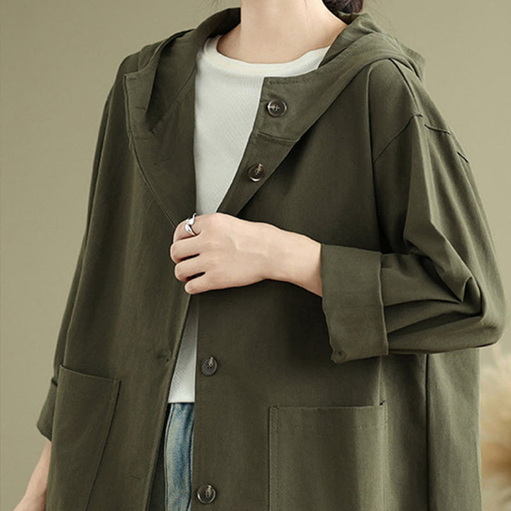 Chaqueta de lino y algodón con capucha vintage de otoño con estampado de Buddha Stones y bolsillos delanteros para mujer - image 5
