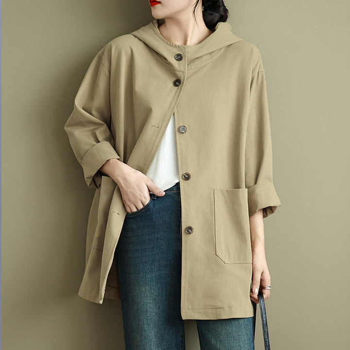 Chaqueta de lino y algodón con capucha vintage de otoño con estampado de Buddha Stones y bolsillos delanteros para mujer - image 10
