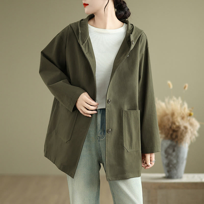 Chaqueta de lino y algodón con capucha vintage de otoño con estampado de Buddha Stones y bolsillos delanteros para mujer - Verde oliva - US12，UK/AU16，EU44 (XL) - image 1