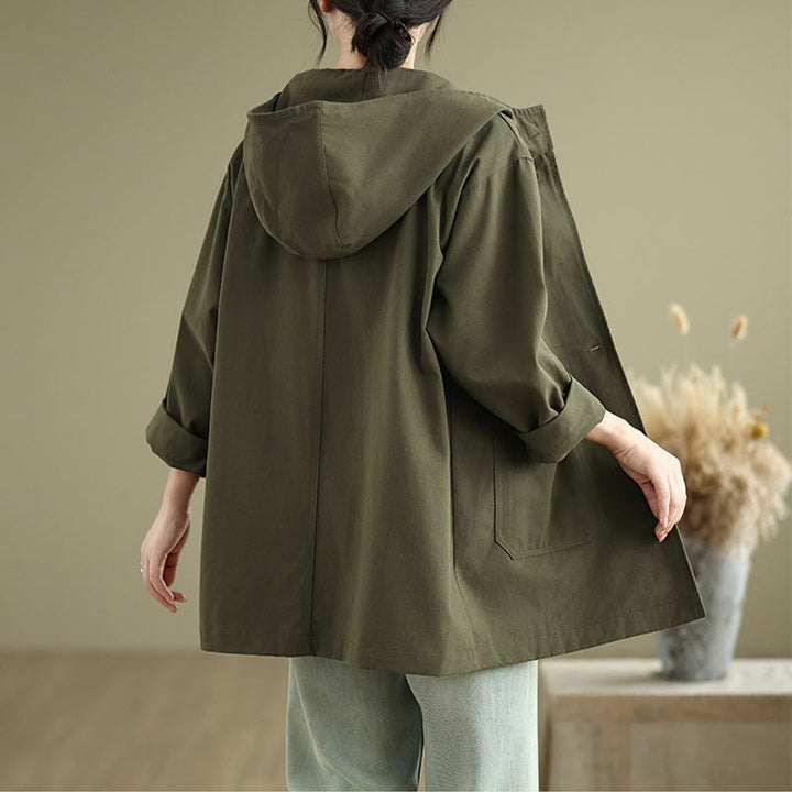 Chaqueta de lino y algodón con capucha vintage de otoño con estampado de Buddha Stones y bolsillos delanteros para mujer - image 2