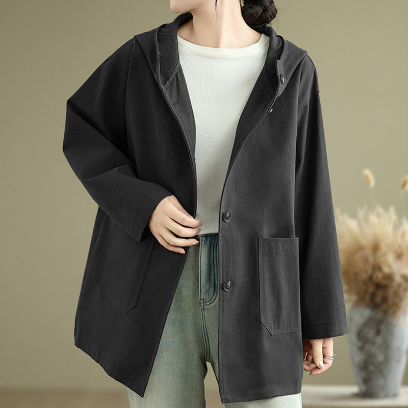Chaqueta de lino y algodón con capucha vintage de otoño con estampado de Buddha Stones y bolsillos delanteros para mujer - image 20