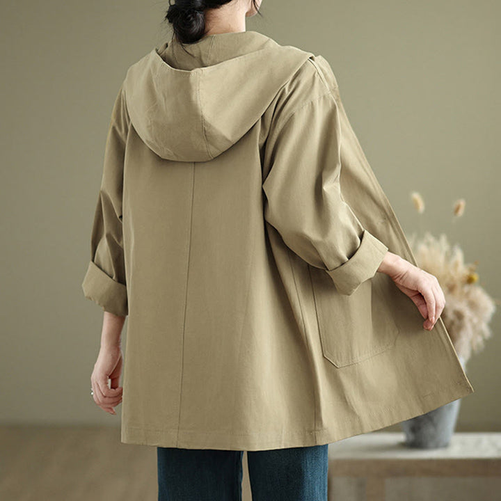 Chaqueta de lino y algodón con capucha vintage de otoño con estampado de Buddha Stones y bolsillos delanteros para mujer - image 9