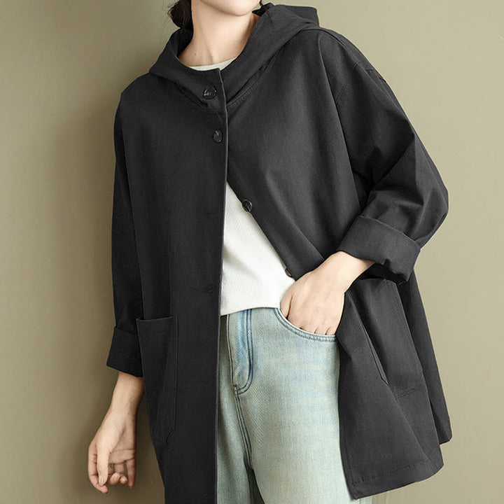 Chaqueta de lino y algodón con capucha vintage de otoño con estampado de Buddha Stones y bolsillos delanteros para mujer - image 19